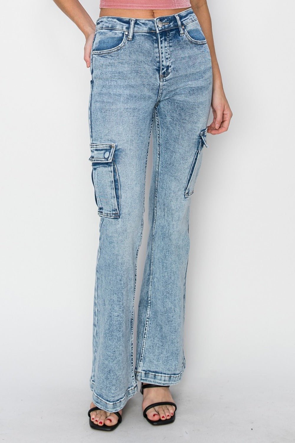 Leah High Rise Acid Wash Cargo Flare Jeans - Driftwood Boutique
