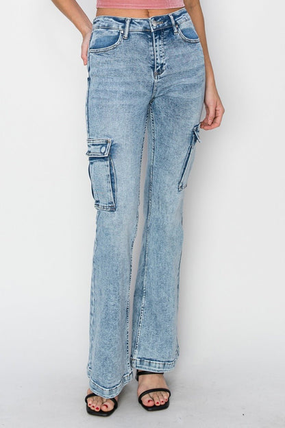Leah High Rise Acid Wash Cargo Flare Jeans - Driftwood Boutique