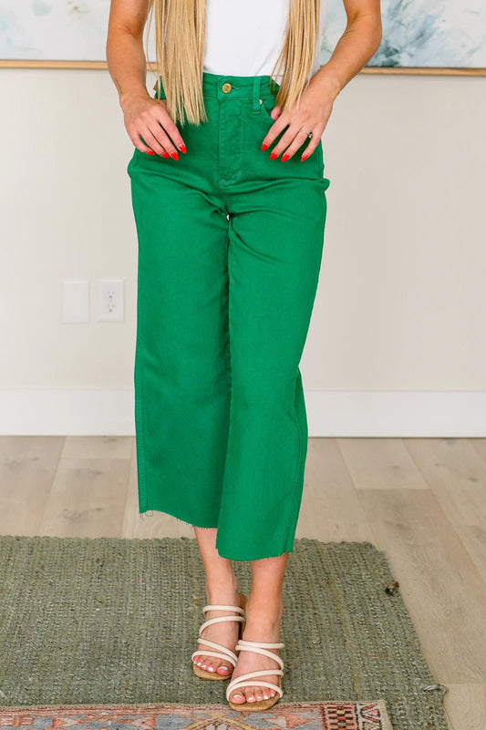 Lisa High Rise Control Top Wide Leg Crop Jeans in Kelly Green - Driftwood Boutique