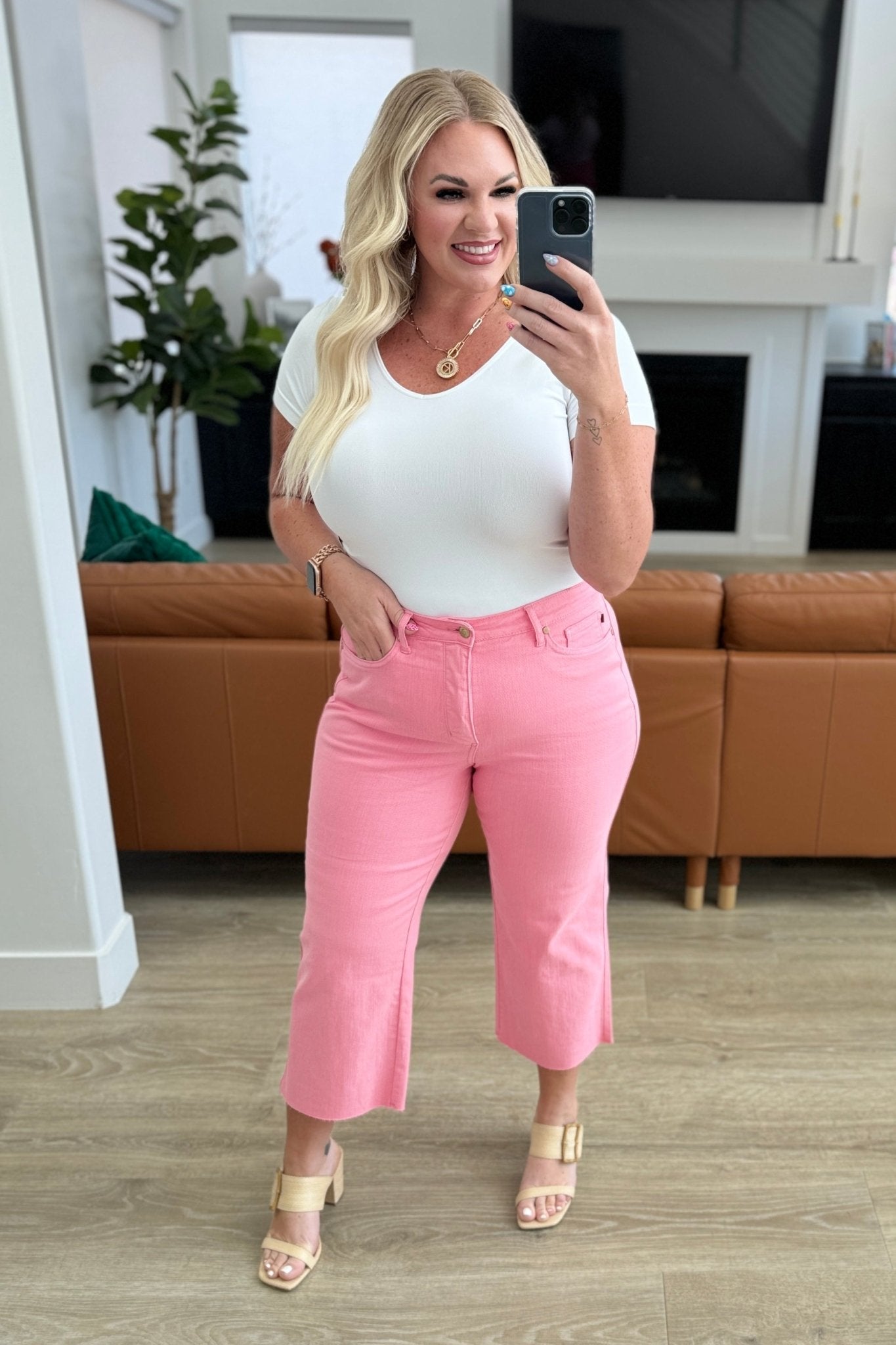 Lisa High Rise Control Top Wide Leg Crop Jeans in Pink - Driftwood Boutique