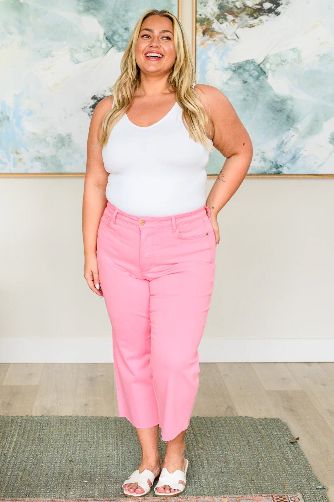 Lisa High Rise Control Top Wide Leg Crop Jeans in Pink - Driftwood Boutique
