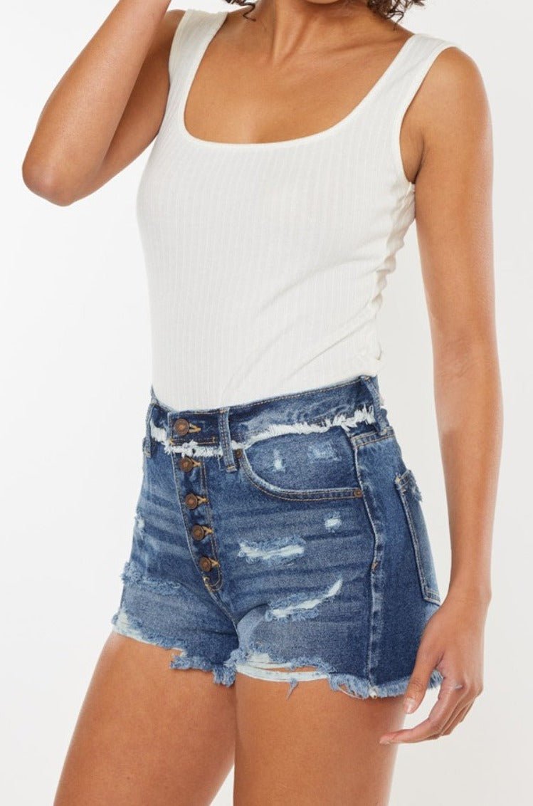 Lynn High Rise Button Fly Distressed Denim Shorts - Driftwood Boutique