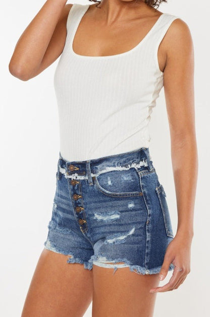 Lynn High Rise Button Fly Distressed Denim Shorts - Driftwood Boutique