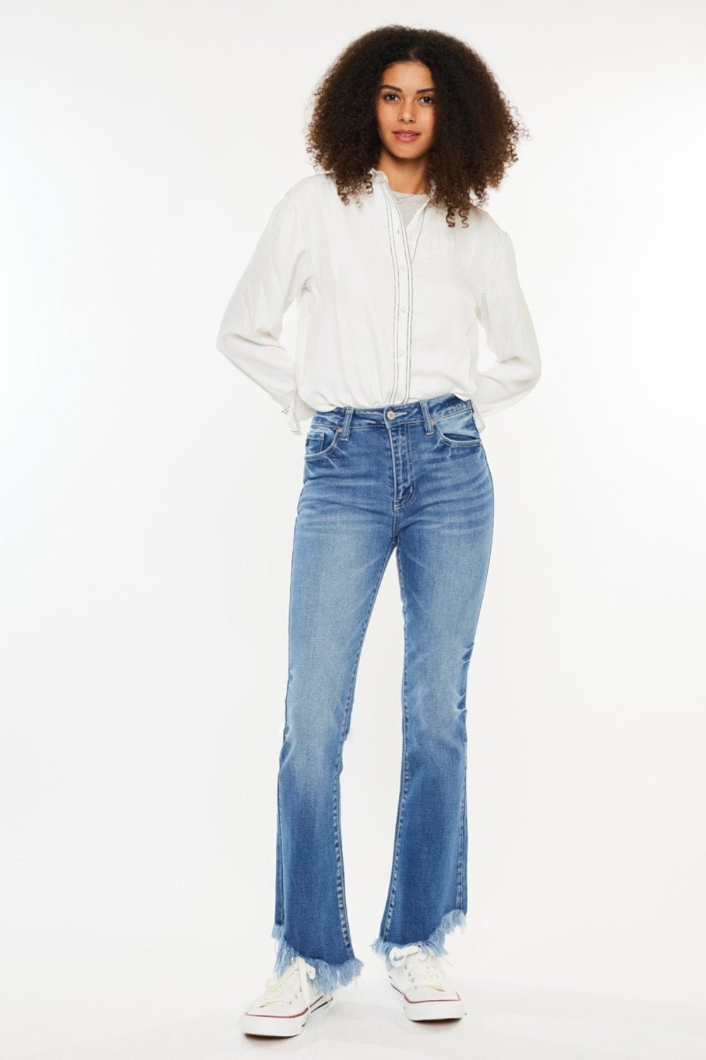 Mandy High Rise Frayed Asymmetric Hem Bootcut Jeans - Driftwood Boutique