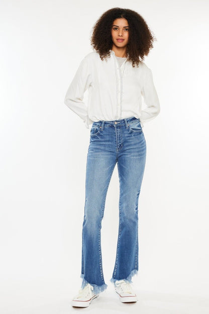 Mandy High Rise Frayed Asymmetric Hem Bootcut Jeans - Driftwood Boutique