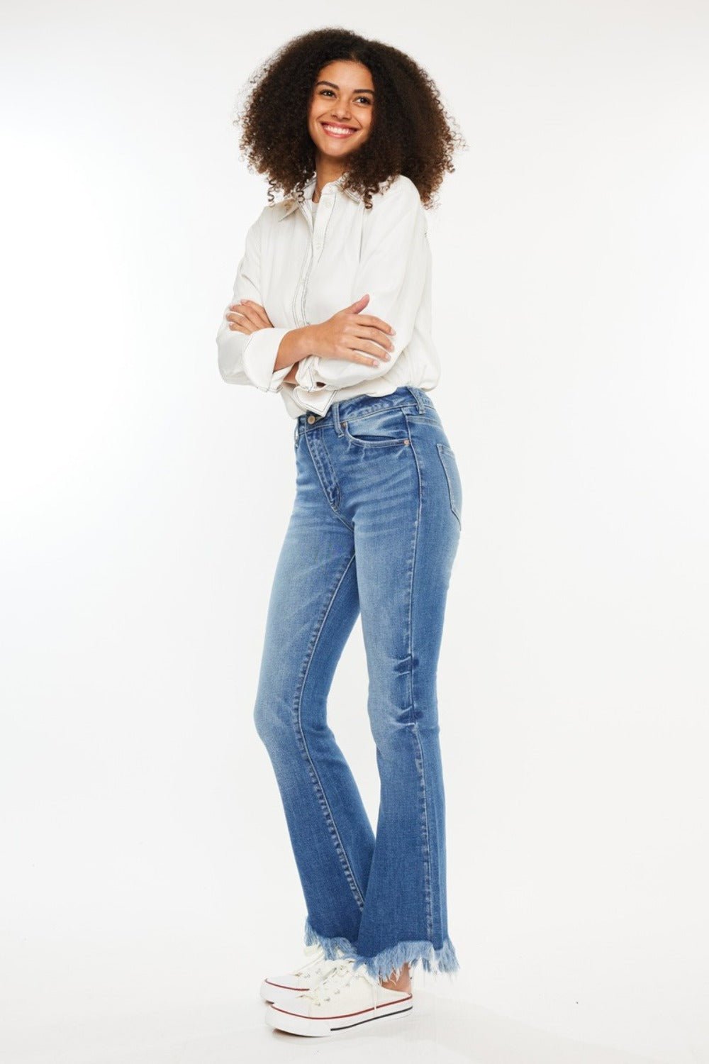 Mandy High Rise Frayed Asymmetric Hem Bootcut Jeans - Driftwood Boutique