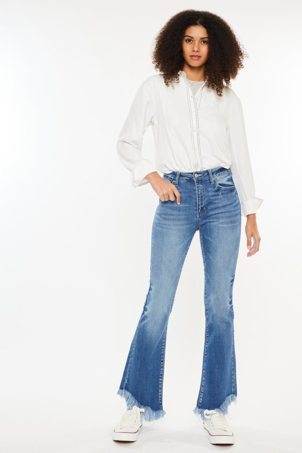 Mandy High Rise Frayed Asymmetric Hem Bootcut Jeans - Driftwood Boutique