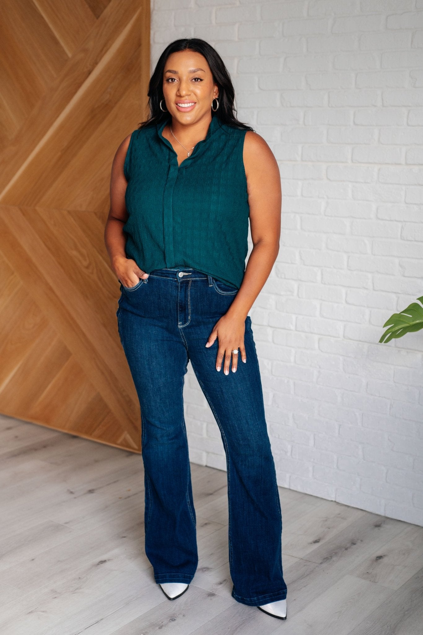 Matter of Fact Pleat Front Sleeveless Blouse in Sea Green - Driftwood Boutique
