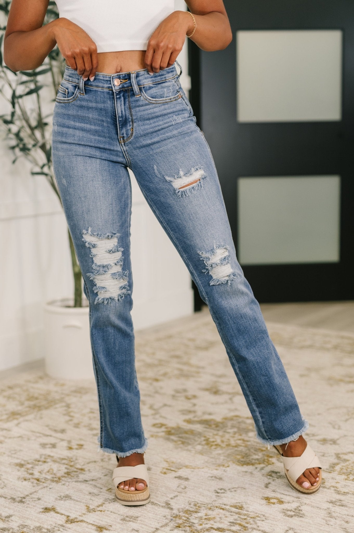 Maureen High Rise Distressed Bootcut Jeans - Driftwood Boutique