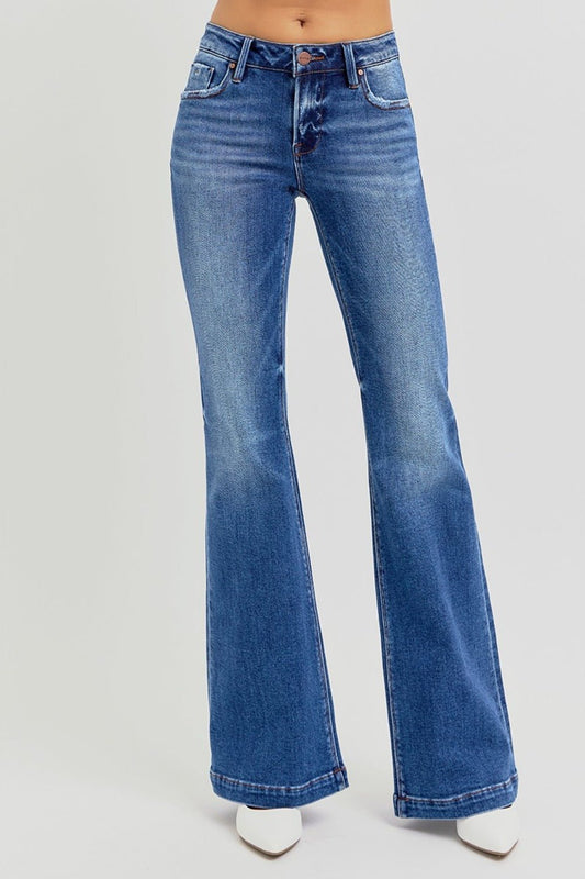 Megs Low Rise Whisker Wash Flare Jeans - Driftwood Boutique