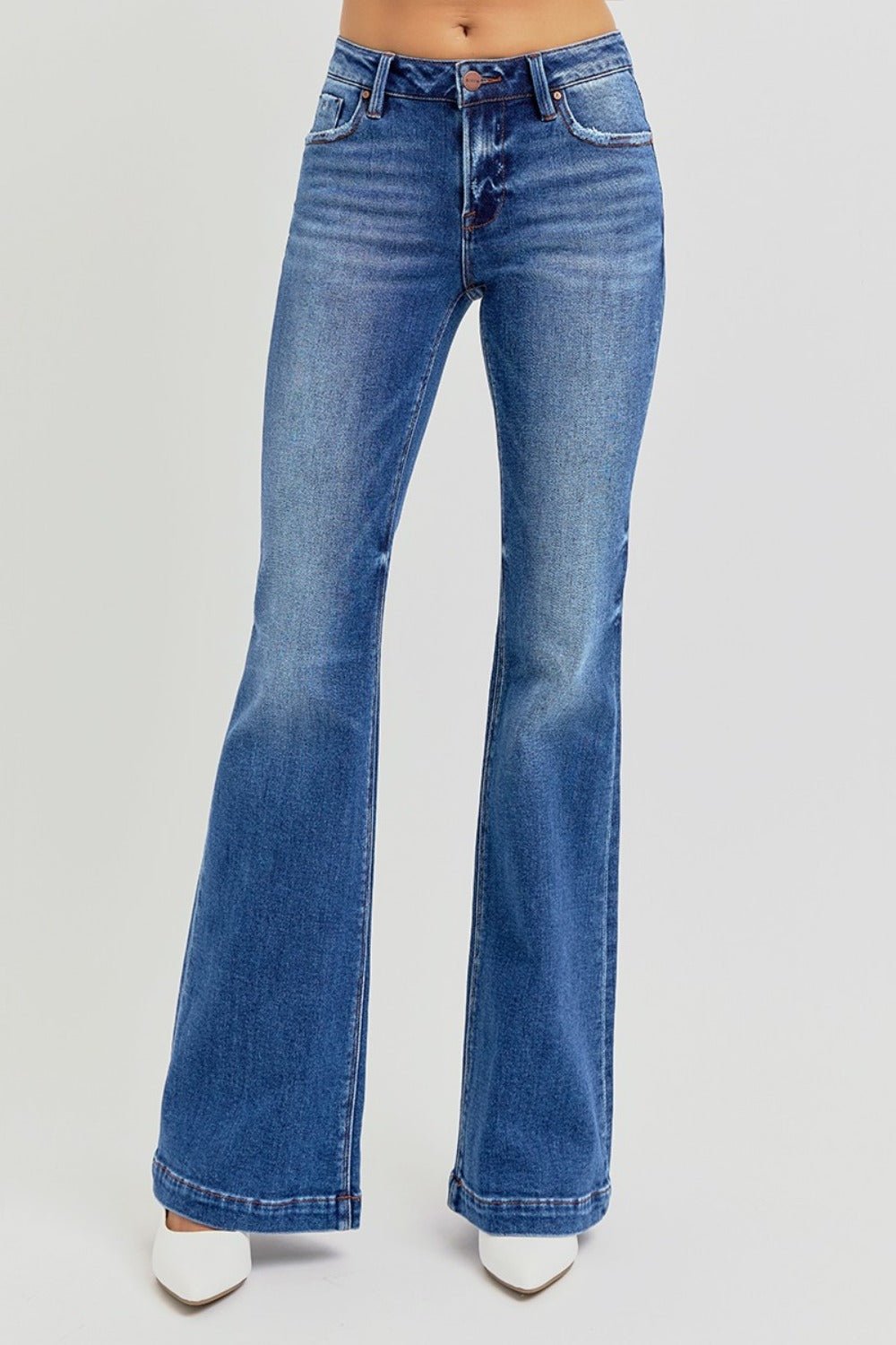 Megs Low Rise Whisker Wash Flare Jeans - Driftwood Boutique
