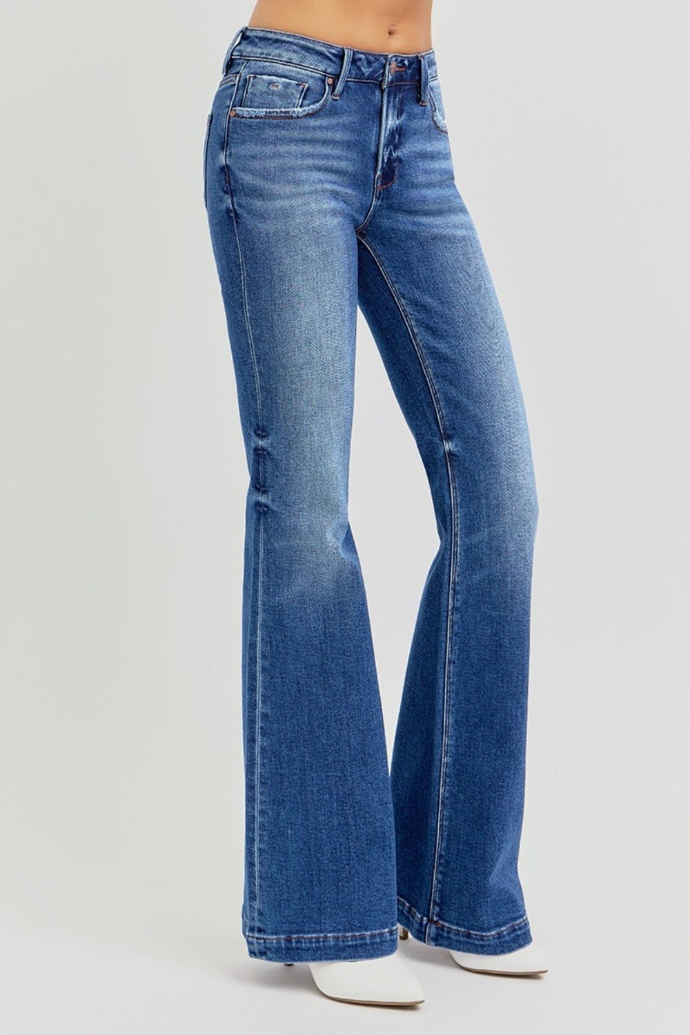 Megs Low Rise Whisker Wash Flare Jeans - Driftwood Boutique