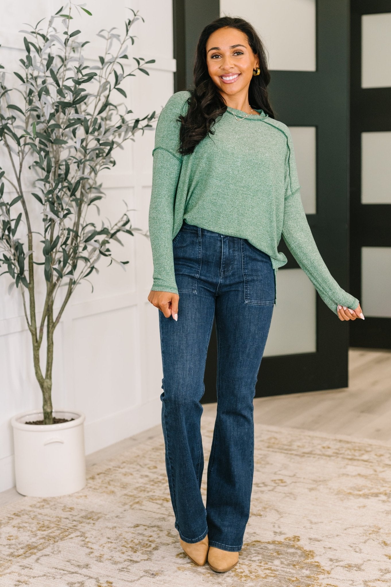 Mellow Mood Heathered Pullover in Dark Green - Driftwood Boutique