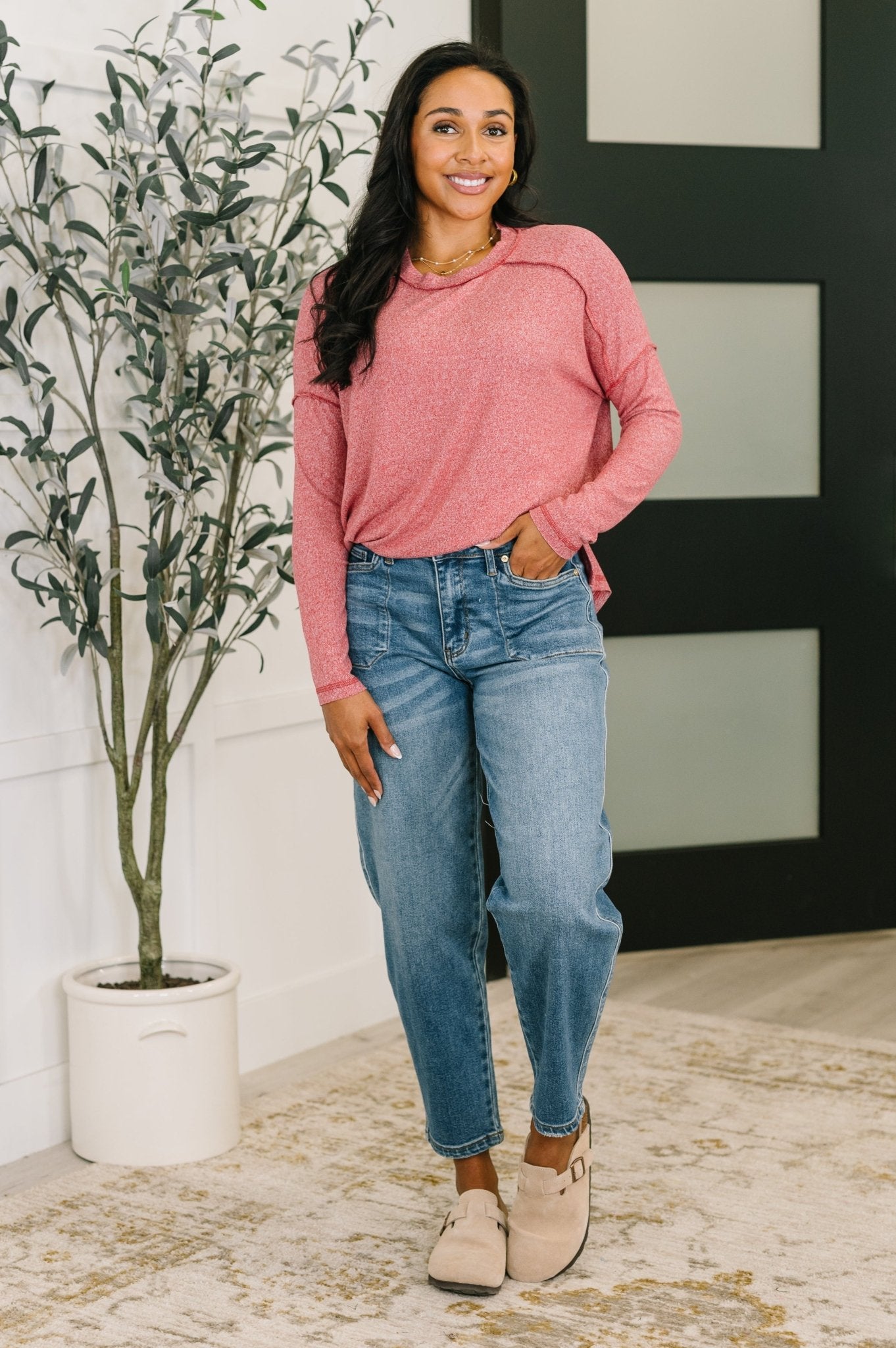 Mellow Mood Heathered Pullover in Dark Red - Driftwood Boutique