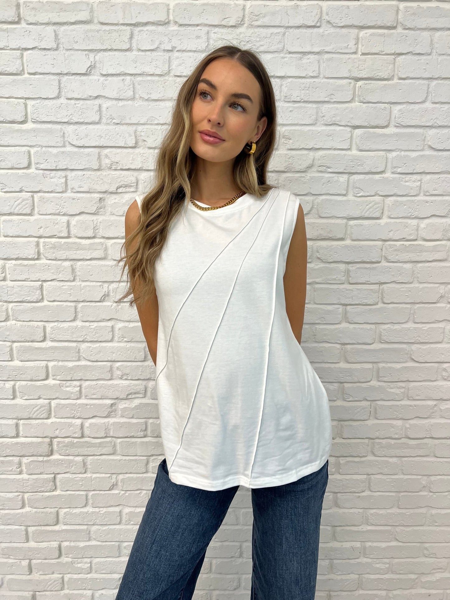 New Normal Pleat Detail Sleeveless Top in White - Driftwood Boutique