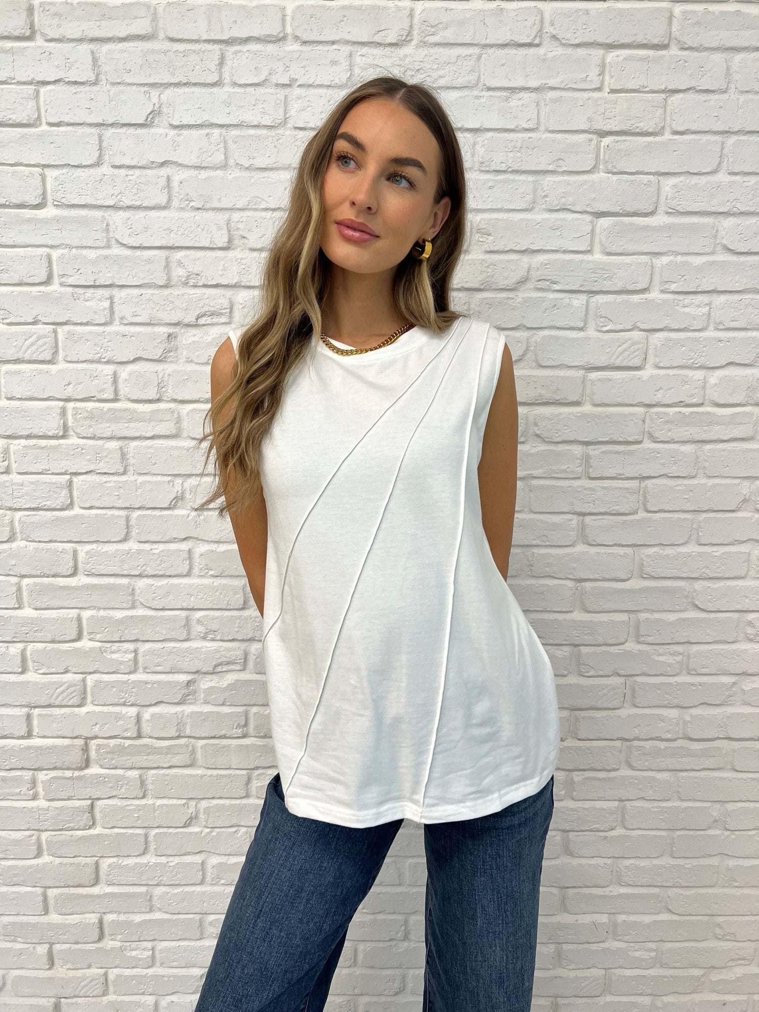 New Normal Pleat Detail Sleeveless Top in White - Driftwood Boutique