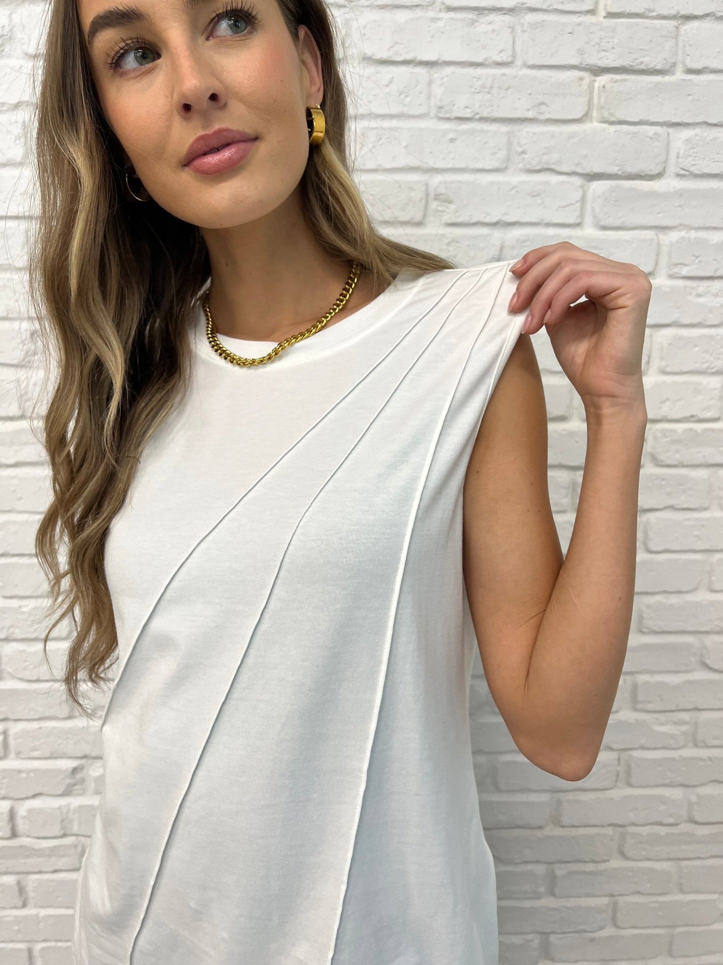 New Normal Pleat Detail Sleeveless Top in White - Driftwood Boutique