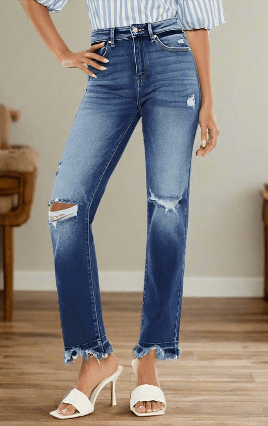 Nina High Rise Distressed Slim Straight Jeans - Driftwood Boutique