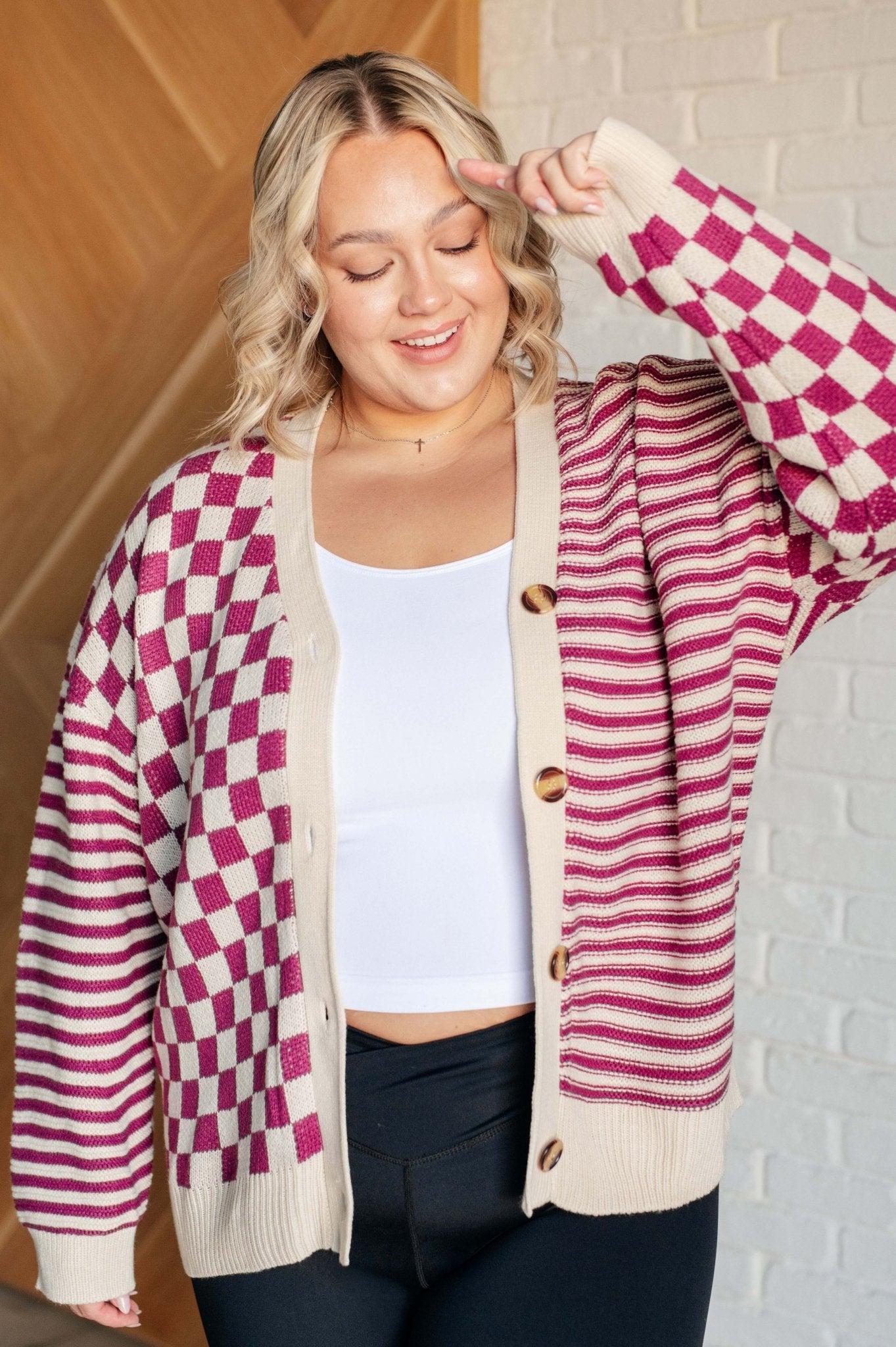 No Brainer Button Down Sweater Knit Cardigan in Magenta/Oatmeal - Driftwood Boutique