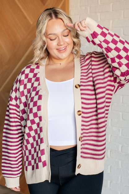 No Brainer Button Down Sweater Knit Cardigan in Magenta/Oatmeal - Driftwood Boutique
