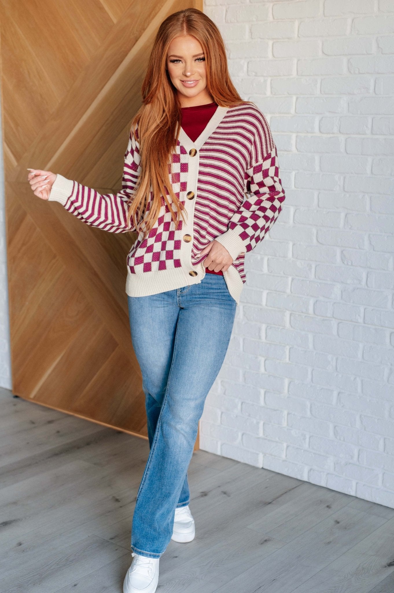 No Brainer Button Down Sweater Knit Cardigan in Magenta/Oatmeal - Driftwood Boutique