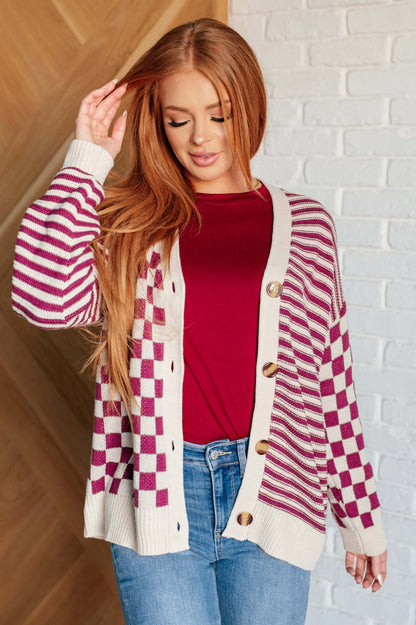No Brainer Button Down Sweater Knit Cardigan in Magenta/Oatmeal - Driftwood Boutique