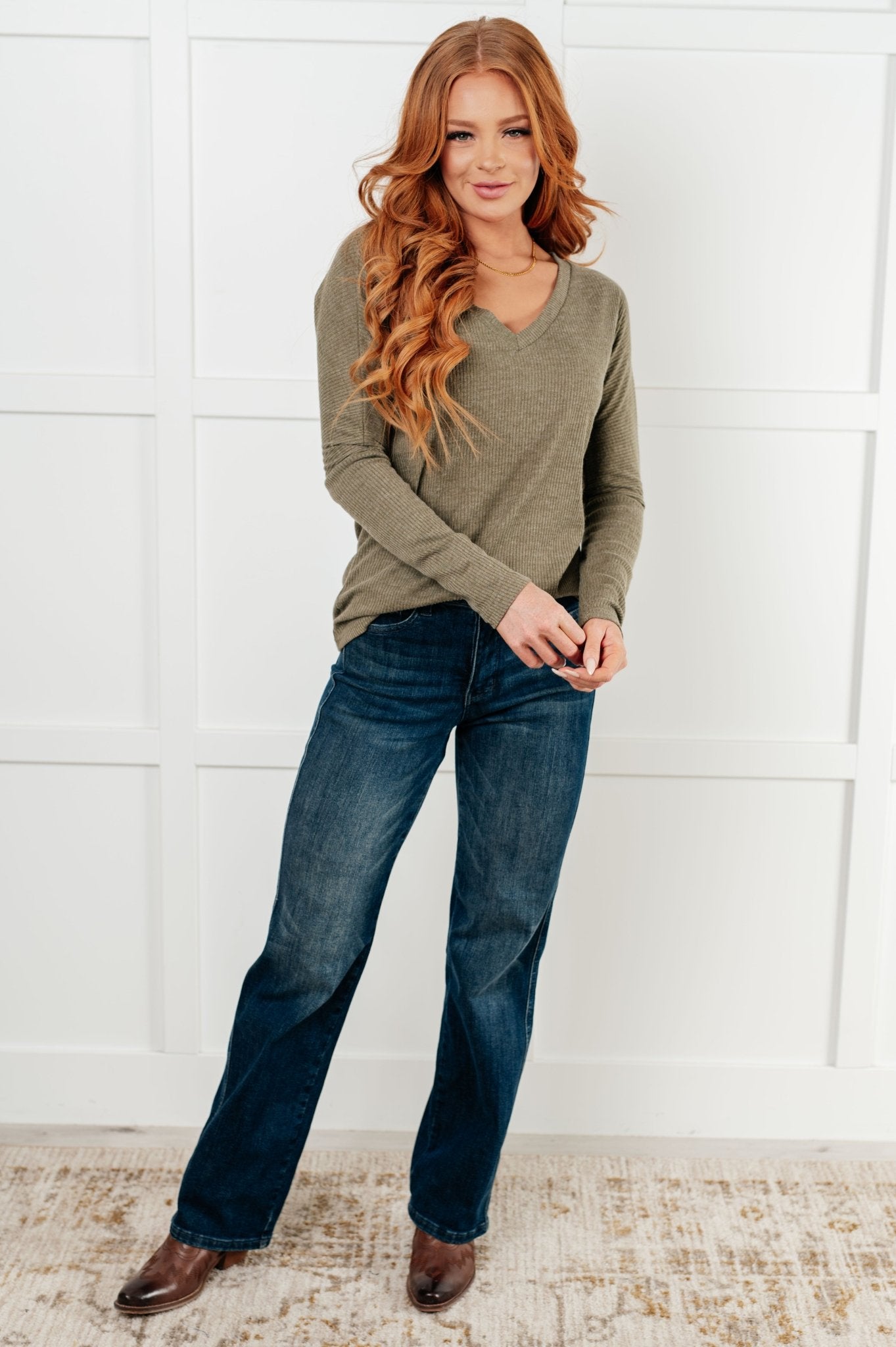 On a Roll Ribbed Knit V Neck Long Sleeve Top - Driftwood Boutique