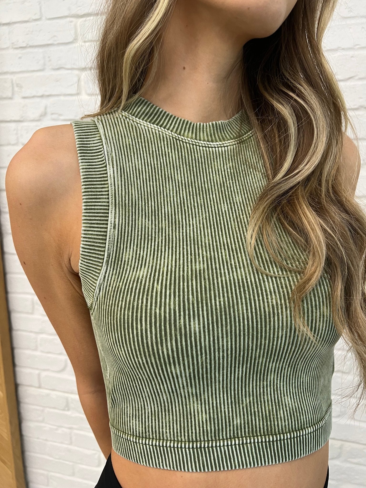 Over and Out Cropped Ribbed Tank in Ash Olive - Driftwood Boutique