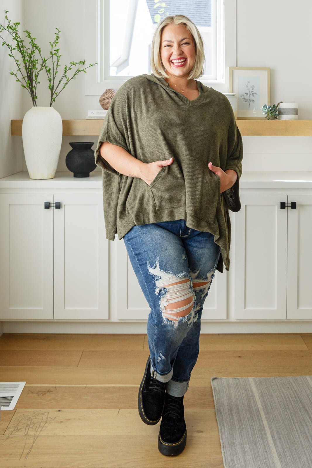 Perfectly Poised Hooded Poncho in Olive - Driftwood Boutique