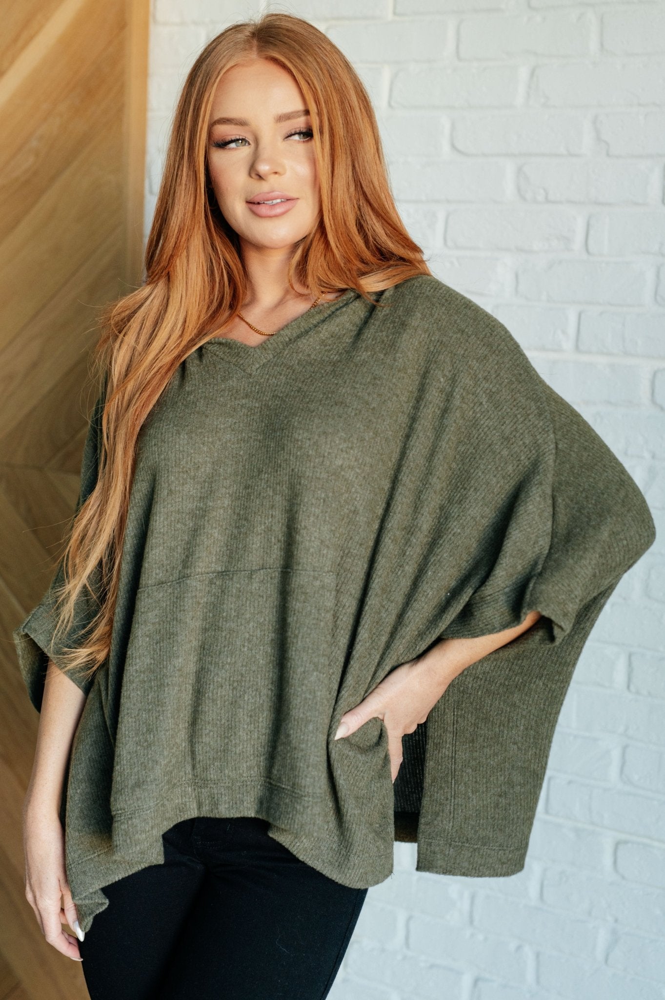 Perfectly Poised Hooded Poncho in Olive - Driftwood Boutique
