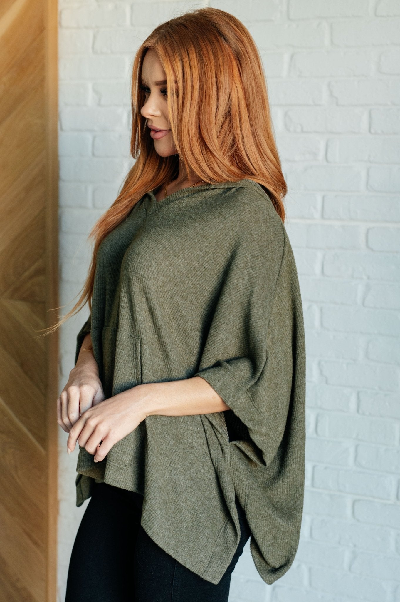 Perfectly Poised Hooded Poncho in Olive - Driftwood Boutique