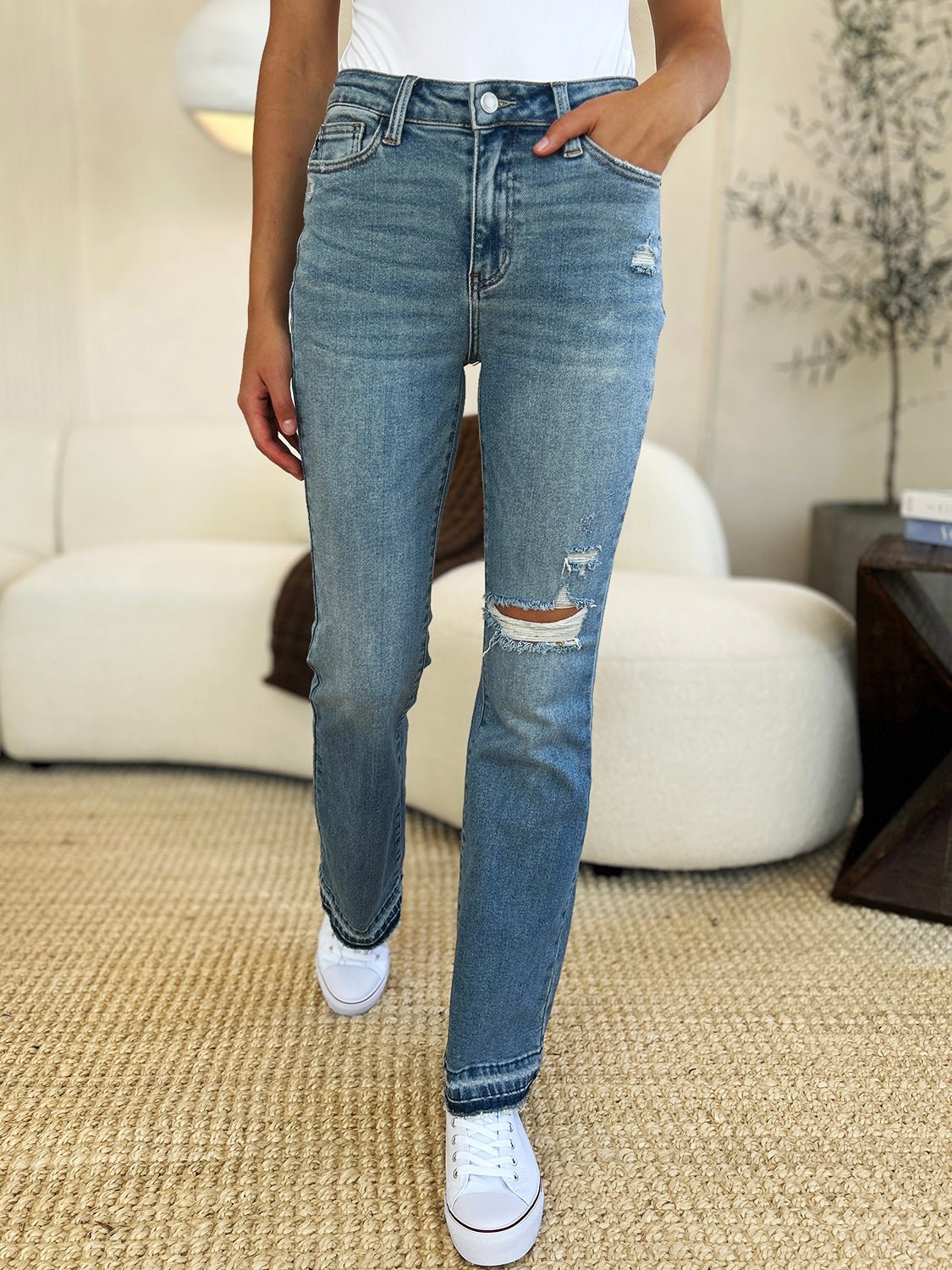 Philly Mid Rise Release Hem Distressed Bootcut Jeans - Driftwood Boutique