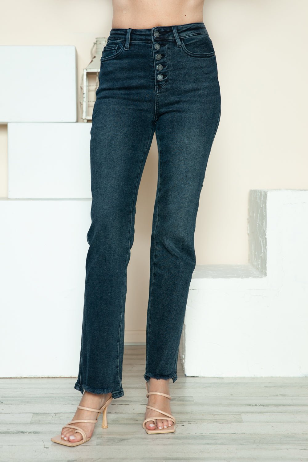 Preston High Rise Button Fly Straight Leg Frayed Hem Jeans - Driftwood Boutique