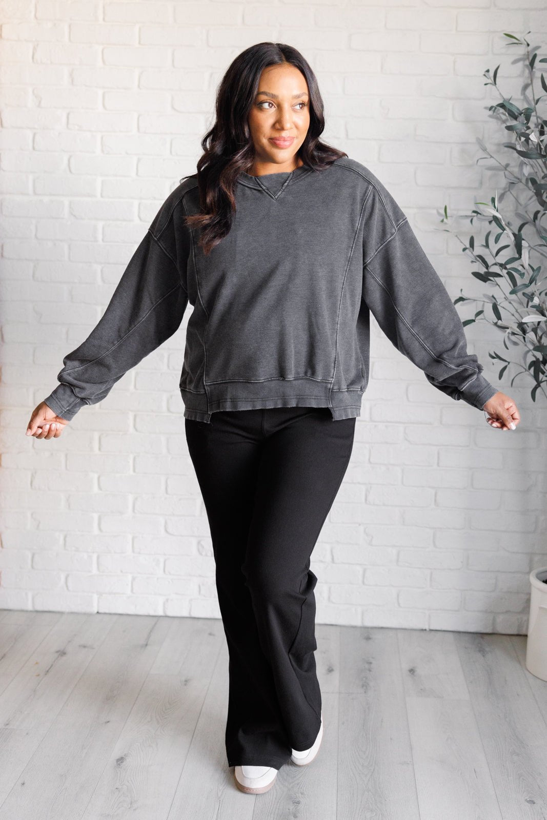 Quick Fix Mineral Wash Crew Neck Pullover in Black - Driftwood Boutique