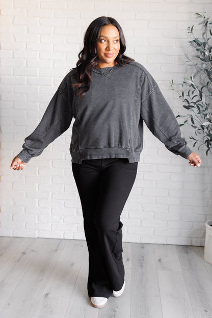 Quick Fix Mineral Wash Crew Neck Pullover in Black - Driftwood Boutique