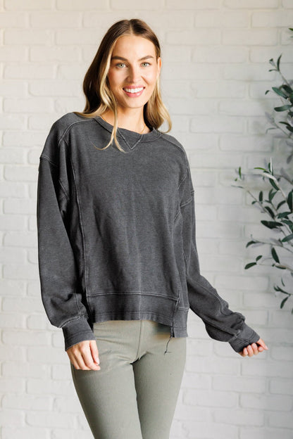 Quick Fix Mineral Wash Crew Neck Pullover in Black - Driftwood Boutique