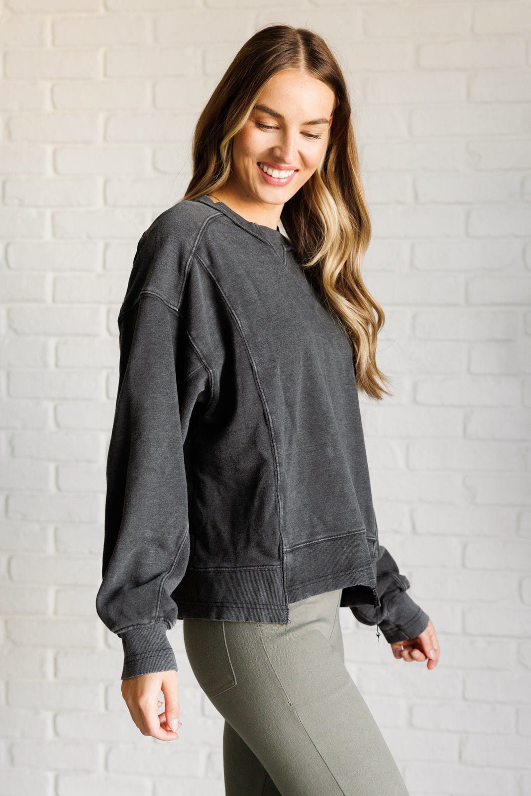 Quick Fix Mineral Wash Crew Neck Pullover in Black - Driftwood Boutique