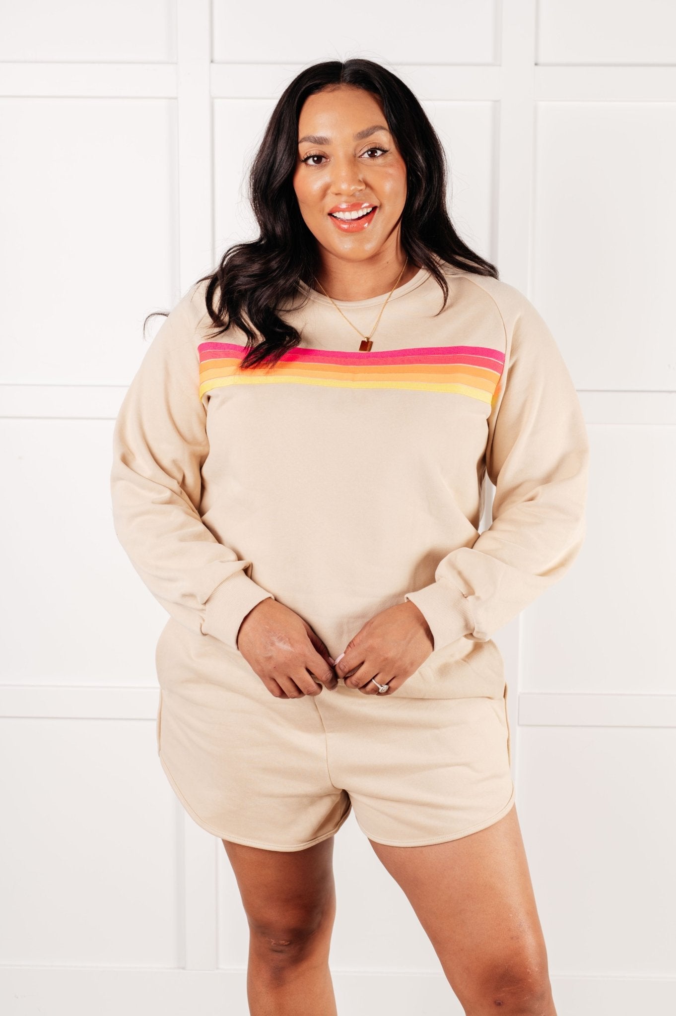 Retro Rainbow Shorts Set in Tan - Driftwood Boutique