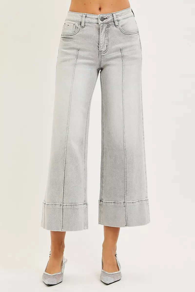 RISEN Tummy Control Mid Rise Crop Wide Pintuck Front Jeans - Driftwood Boutique