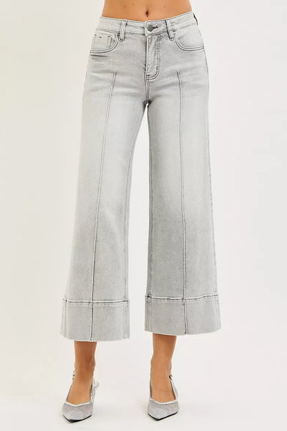 RISEN Tummy Control Mid Rise Crop Wide Pintuck Front Jeans - Driftwood Boutique