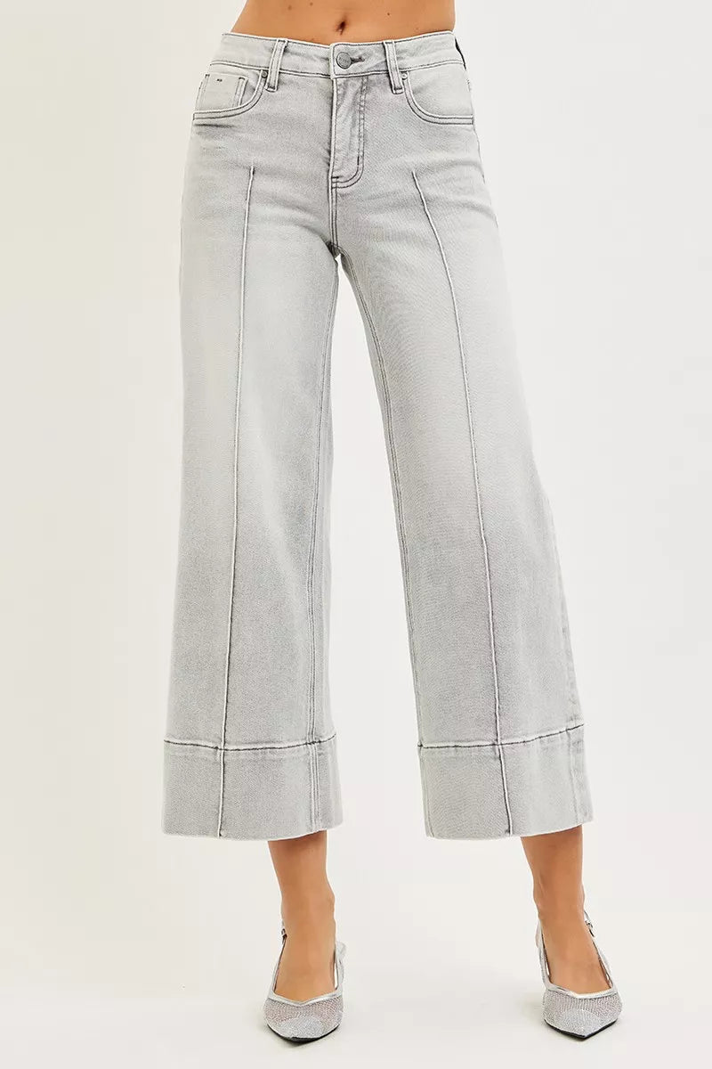 RISEN Tummy Control Mid Rise Crop Wide Pintuck Front Jeans - Driftwood Boutique
