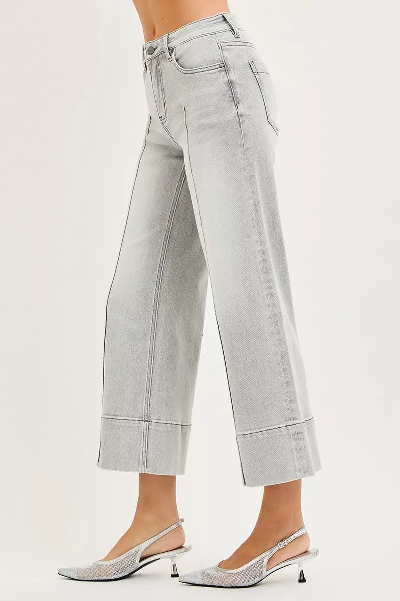 RISEN Tummy Control Mid Rise Crop Wide Pintuck Front Jeans - Driftwood Boutique