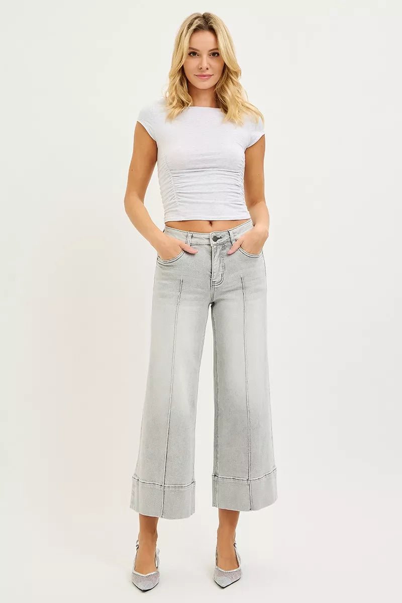RISEN Tummy Control Mid Rise Crop Wide Pintuck Front Jeans - Driftwood Boutique