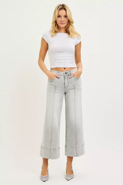 RISEN Tummy Control Mid Rise Crop Wide Pintuck Front Jeans - Driftwood Boutique
