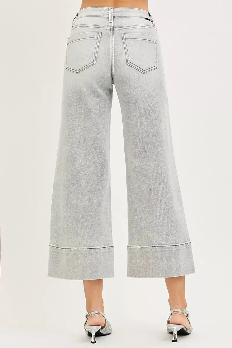 RISEN Tummy Control Mid Rise Crop Wide Pintuck Front Jeans - Driftwood Boutique