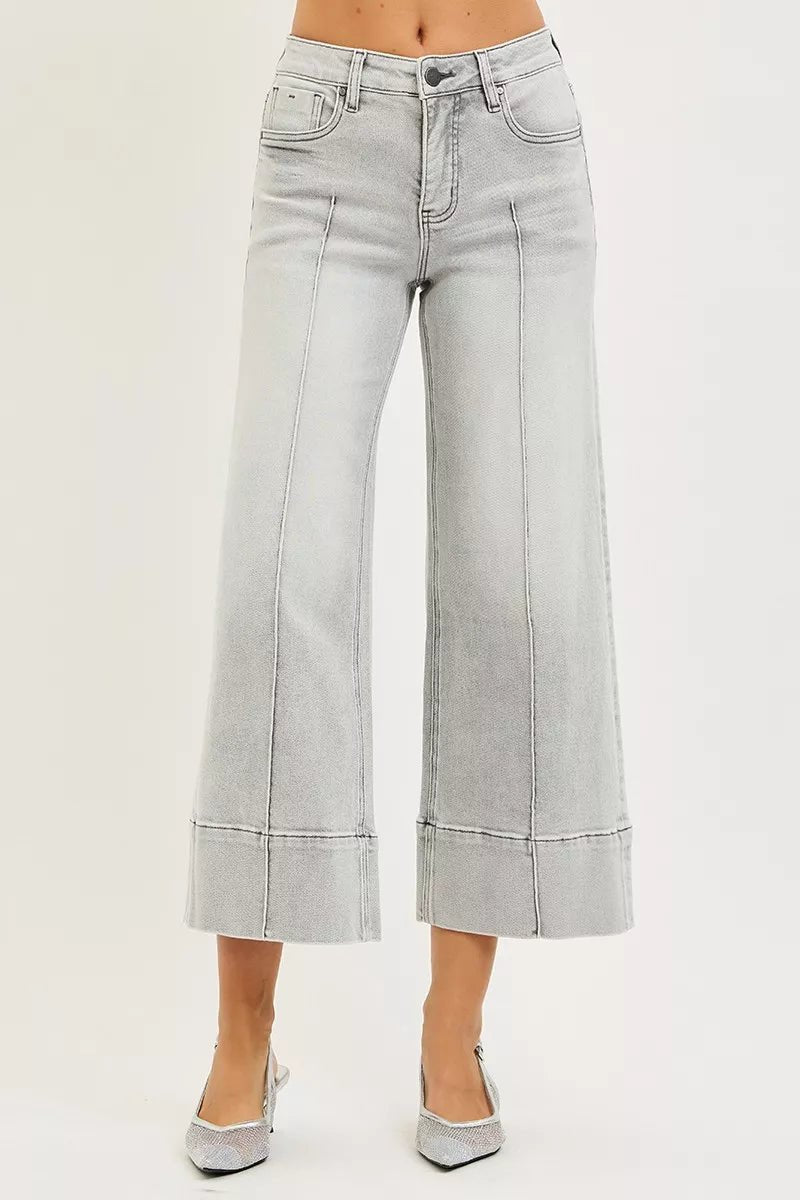 RISEN Tummy Control Mid Rise Crop Wide Pintuck Front Jeans - Driftwood Boutique