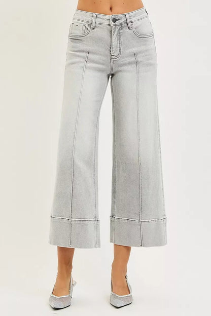 RISEN Tummy Control Mid Rise Crop Wide Pintuck Front Jeans - Driftwood Boutique