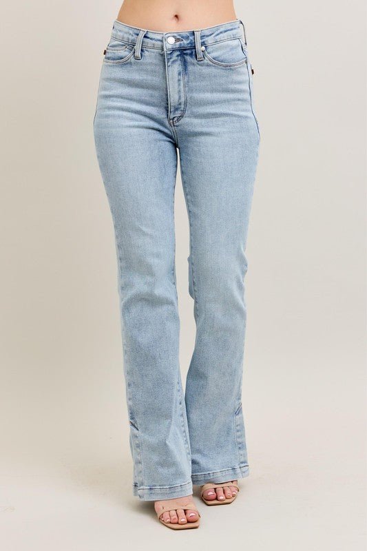 Sky High Rise Tummy Control Vintage Wash Side Slit Slim Boot Jeans - Driftwood Boutique