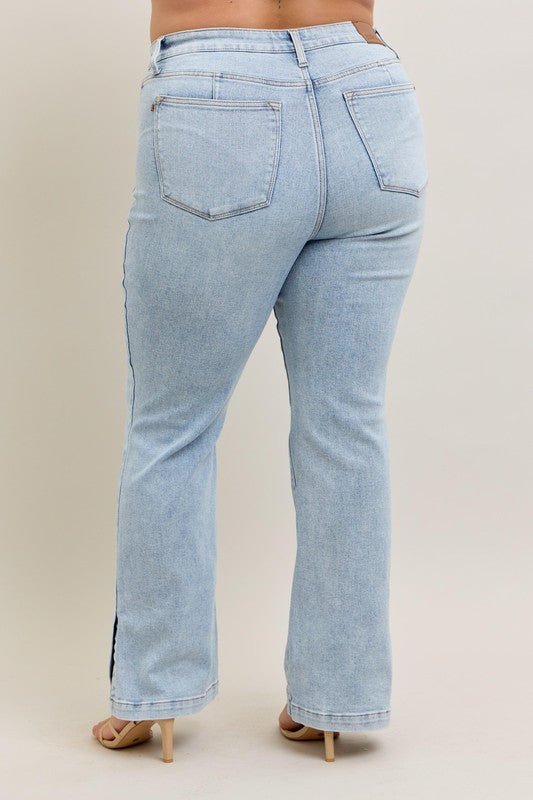 Sky High Rise Tummy Control Vintage Wash Side Slit Slim Boot Jeans - Driftwood Boutique