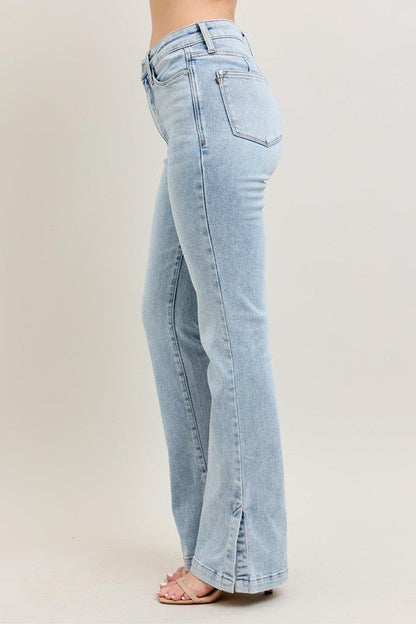 Sky High Rise Tummy Control Vintage Wash Side Slit Slim Boot Jeans - Driftwood Boutique